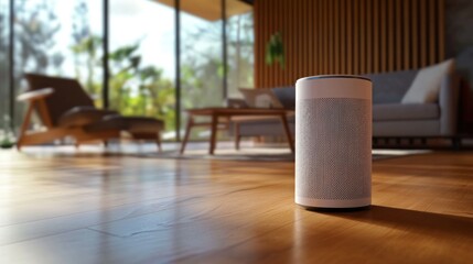 Smart speaker in modern living room, sunlight streaming through large windows, background blurred