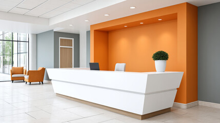 Modern office lobby with professional reception desk and welcoming atmosphere