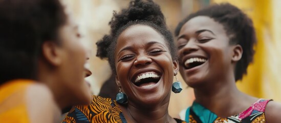 Joyful African women laughing outdoors, city background.  Friendship, happiness
