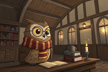 Owl Sits at a Wooden Desk With Books, Candle, and Warm Light in a Cozy Room