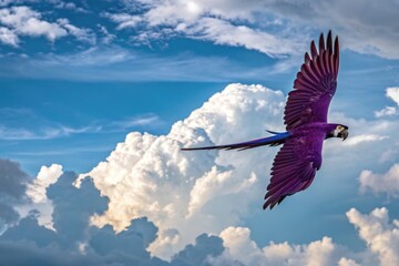 Colorful Bird Flies in Blue Sky With Clouds During Bright Day