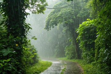 Rain Falls on a Winding Path Through a Green Forest During Daytime