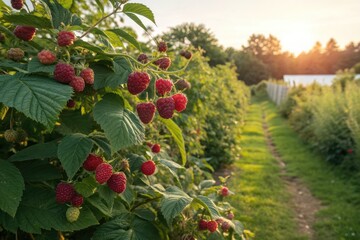Evening Sun Shines on Raspberry Bushes in a Garden Path