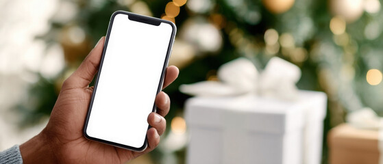 Mockup of a man holding a blank smartphone with Christmas tree and gift background for festive design concepts