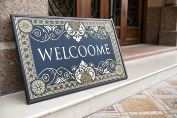 Welcome Sign Displayed on the Entrance Step of a Building During the Day