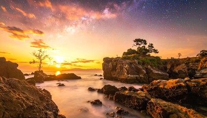 a beautiful sunset over the sea with the galaxy in the sky