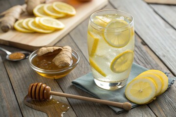 Refreshing Drink With Lemon, Honey, and Ginger on a Wooden Table