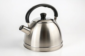 Stainless Steel Kettle Sits on a White Surface in a Kitchen Setting