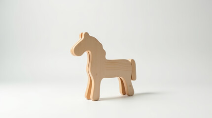 Minimal wooden toy horse made of natural light wood, isolated on white background. Simple child toy with smooth texture, neutral color, eco friendly concept