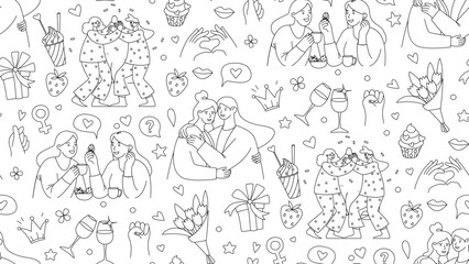 Galentines Day Seamless Border Frame Pattern, Women Friendship Line Art Vector Illustration