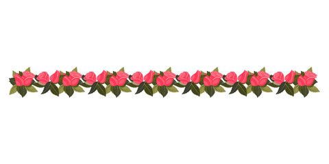 A border of bright pink, sweet, graceful roses and leaves for your design. Vector illustration isolated on a white background.