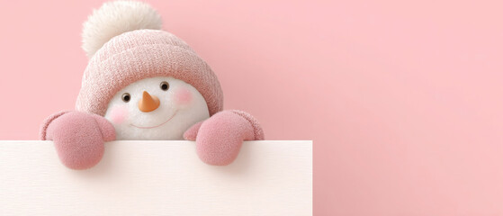 background banner advertising winter, christmas discounts, new year sale. Cute snowman with pink hat and mittens holds blank card banner for festive messages in winter holiday setting