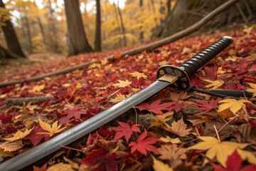Sword Resting on Colorful Autumn Leaves in a Forest Setting