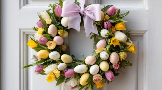 Charming easter wreath with spring flowers on door for holiday decoration