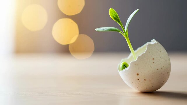 Sprout grows from white egg shell in bright setting. Blurred lights create warm atmosphere. Concept of nature, growth, sustainability