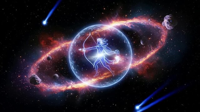 Archer stands inside a glowing rotating transparent sphere against a starry cosmic backdrop with streaking nebula and distant galaxies symbolizing the sagittarius constellation concept of zodiac sign