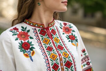 Woman Wears Traditional Clothing With Floral Patterns in Outdoor Setting