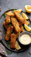 Fototapeta premium Delightful fish sticks served with a zesty dipping sauce and fresh lemon wedges for a tasty treat