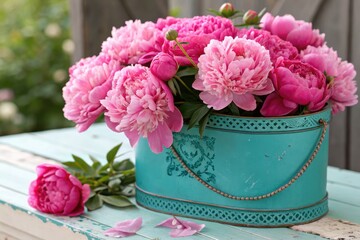 Fresh Peonies Arranged in a Blue Bucket on a Wooden Table in Spring