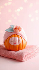 Enjoying a beauty retreat with a pumpkin wearing a face mask at an autumn spa on a pink bokeh background. background banner, gift certificate for Halloween