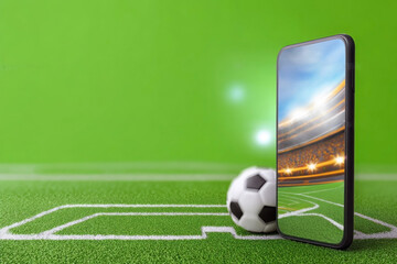 Smartphone displaying football tournament highlights on a vibrant green field with a soccer ball
