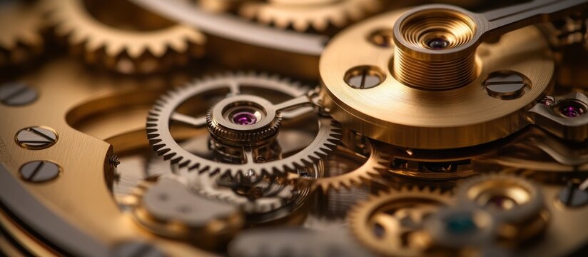 Close-up of intricate watch gears, mechanics, precision, engineering, background blur