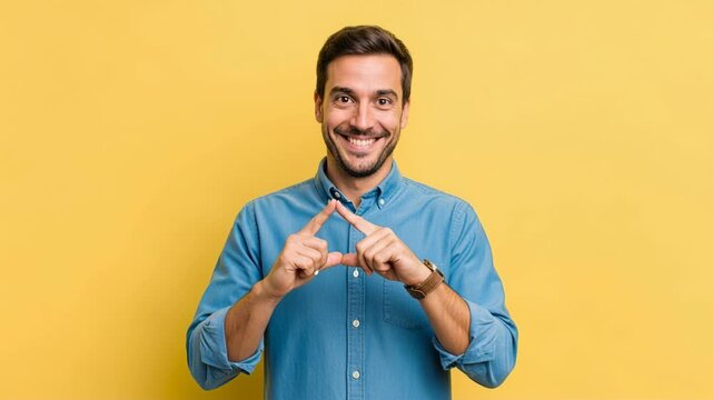 Man gesturing no with hands against yellow background in casual attire