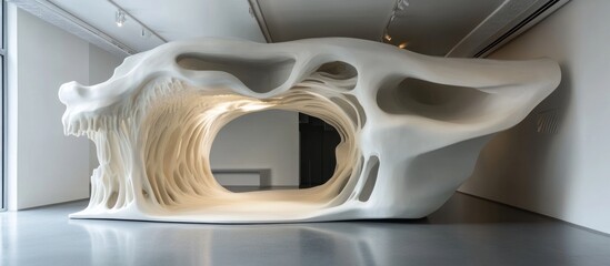 Abstract white sculpture in gallery; interior tunnel; modern art