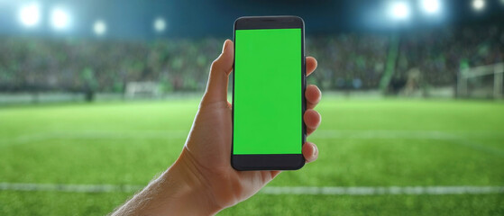 Mockup. Hand holding smartphone with green screen at football field for sports betting excitement during night game. sports betting 
