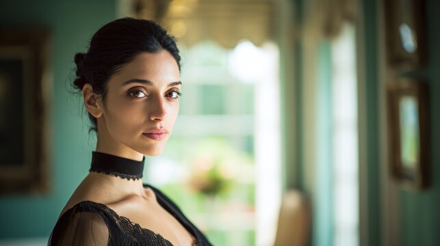 Elegant woman with a black lace choker and dress, standing near a window. Her hair is pulled back in a bun, and she is looking at the camera with a serious expression.