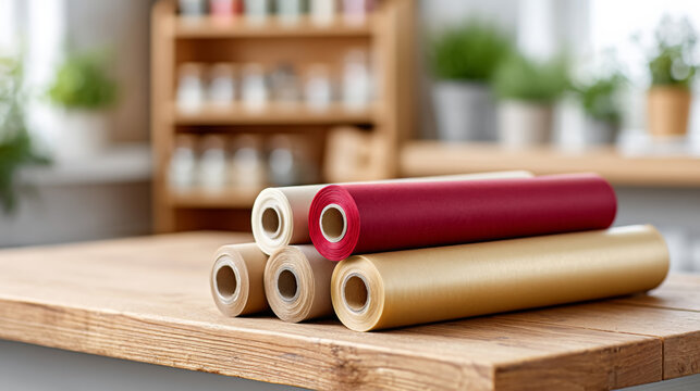Neatly organized gift wrapping supplies on craft table for creative projects - Powered by Adobe