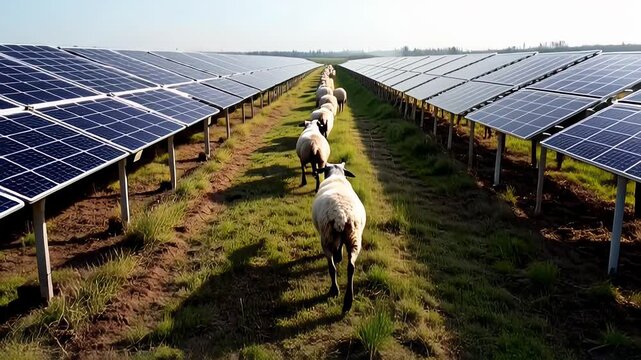 Sheep walking through solar panel field, grazing on grass between rows, showcasing sustainable farming and renewable energy integration in agriculture. Agrivoltaics