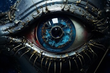 Cyborg eye with complex intricate mechanisms and metallic biological elements representing artificial intelligence