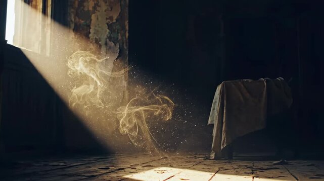 Light beams shine through window, creating dust patterns in empty room. Floor shows signs of age, with fabric draped on wooden surface. Concept of interior design, home decor, photography