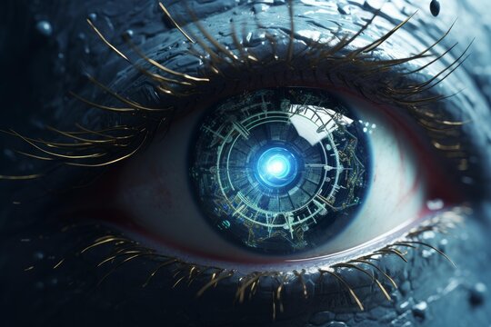 Humanoid eye integrating bionic technology, showing data processing and artificial intelligence - Powered by Adobe