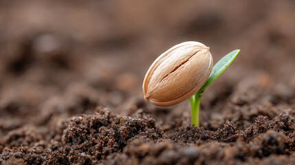 Close-up of apple seed germination in soil for nature and gardening themes