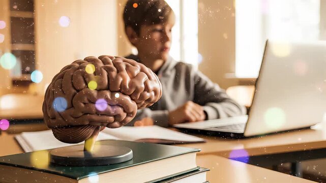 Young boy engaged in focused study with a brain model on desk, exploring concepts while interacting with laptop and educational materials. Mental health, ADHD