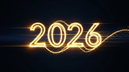 A vibrant depiction of the year 2026 rendered in luminous golden light streaks against a dark backdrop