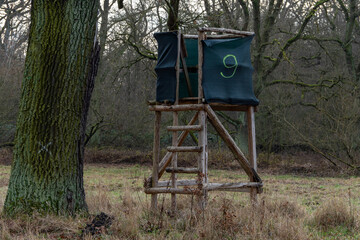 A wooden hunting tower numbered nine on the edge of the forest