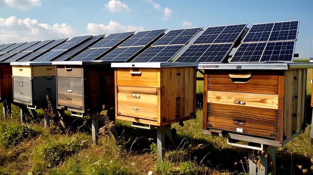 Solar-powered beehives in a field showcasing sustainable agriculture with multiple wooden hives arranged in a row under bright blue sky. Agrivoltaics