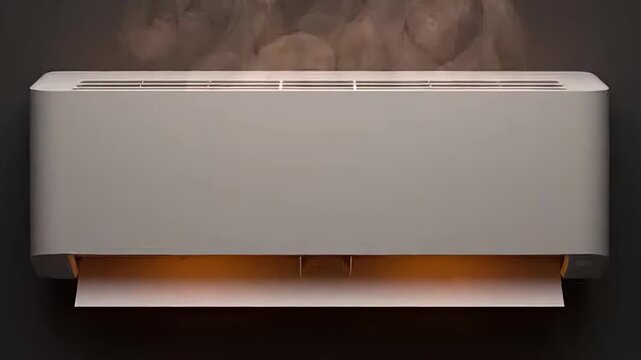 Modern heating unit releasing warm air with visible steam flow, showcasing continuous operation and efficient heating technology in action. global warming, air conditioner overheating