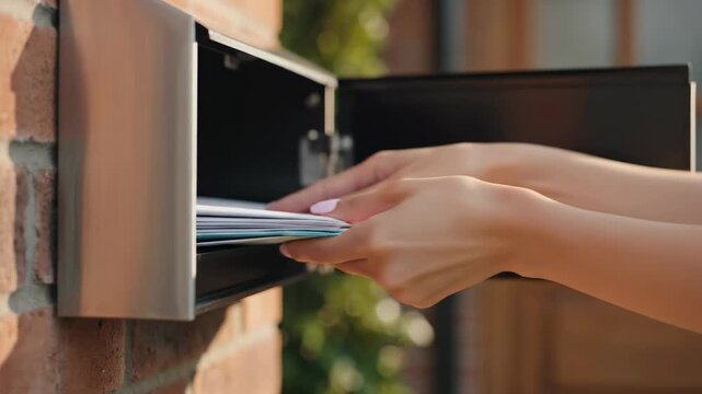 Person reaches into mailbox to pull out letters while standing outside their house. Brick wall setting with greenery in background. Concept of postal service, communication, home life