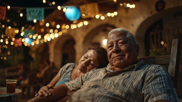 Senior Mexican couple relaxing outdoors. Enjoying ponche, warm lights above. Peaceful retirement, cherished moments. Loving connection, comfortable evening. Family, tradition, happiness.