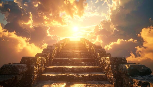 黄金の光に包まれた天空への階段が到達と成長を暗示する情景