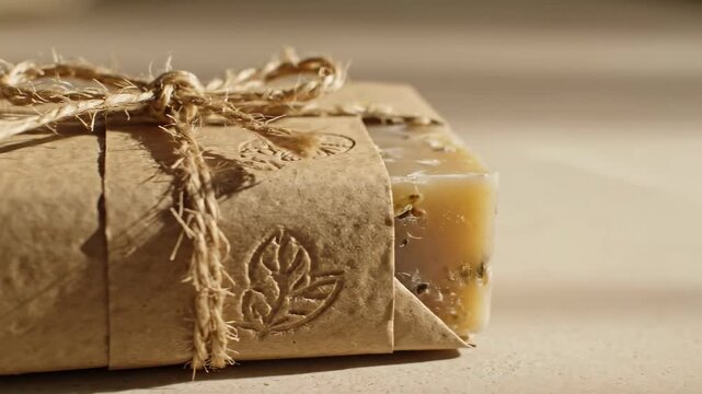 Handcrafted soap is wrapped in brown paper and tied with twine. The soap features a simple leaf design and sits on a light surface. Concept of skincare, natural products, eco-friendly packaging