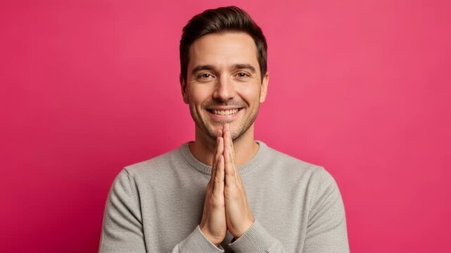 Cheerful man celebrating success with clapping hands against pink backdrop
