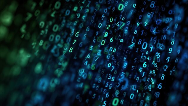 digital background featuring blue numbers and binary code on a dark gray background, creating an atmosphere of digital technology and data transfer Generative AI - Powered by Adobe