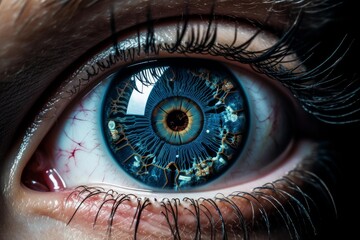 Close up of a human eye transforming into a futuristic bionic vision system