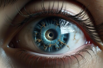 Human eye featuring complex bionic technology embedded within a blue iris
