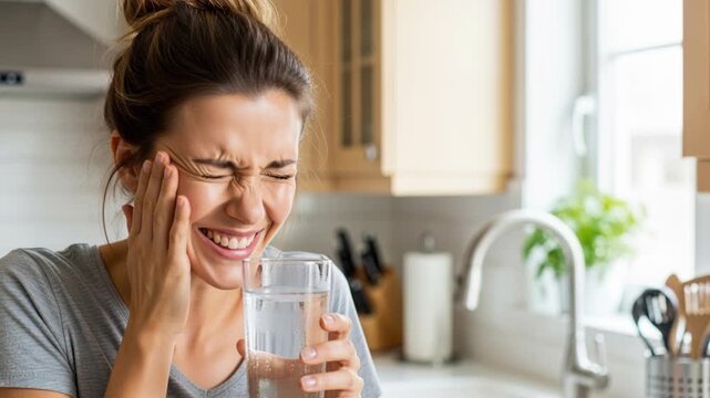Woman experiencing tooth sensitivity while drinking cold water in kitchen sequence